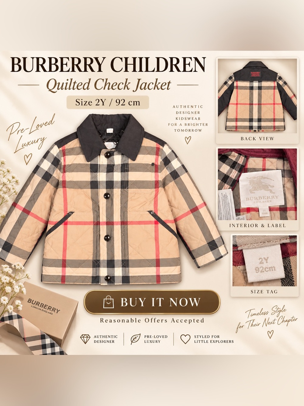 Burberry Children 2Y 92cm Quilted Check Jacket Designer Kids Coat
